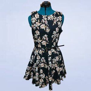 Apricot Black Floral Dress with Belt - Size 10